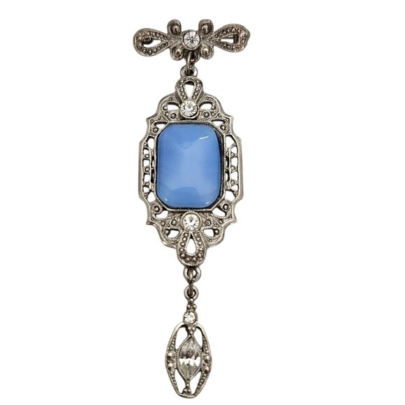 1928 Brand Silver Tone Blue Glass Art Deco Style Clear Rhinestone Dangle Brooch - Picture 2 of 8